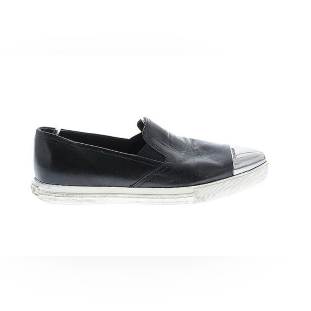 Miu Miu Black and Silver Slip-On Loafers